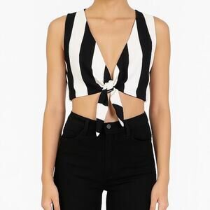 Show Me Your Mumu Front Tie Striped Crop Top In Black & White Size Medium